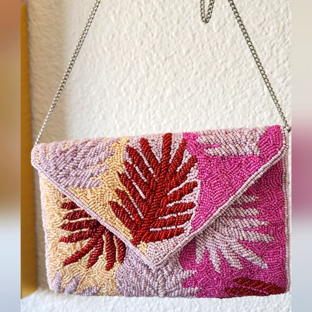 From St Xavier Miami Palm Leaf Beaded Clutch Crossbody, Sunset Multi